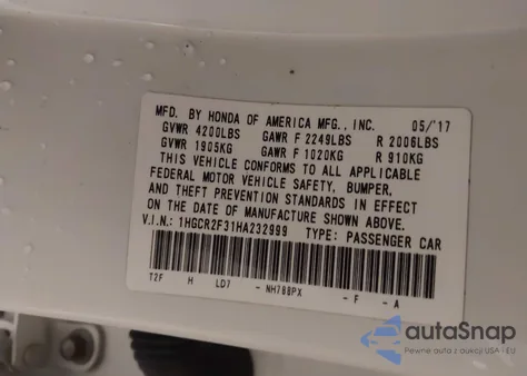 2017 Honda Accord Lx z USA, uszkodzony, nr VIN 1HGCR2F31HA232999